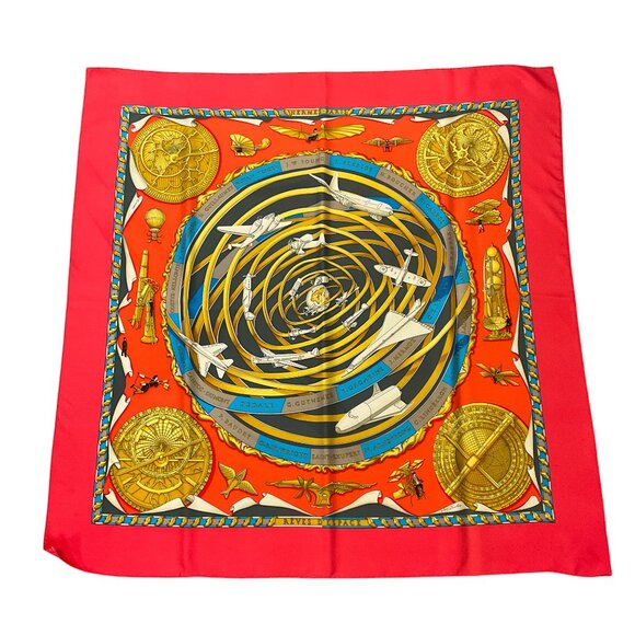 Hermes Red Multi Reves d’Espace Aircraft Print Square Silk Twill Scarf - Picture 10 of 10